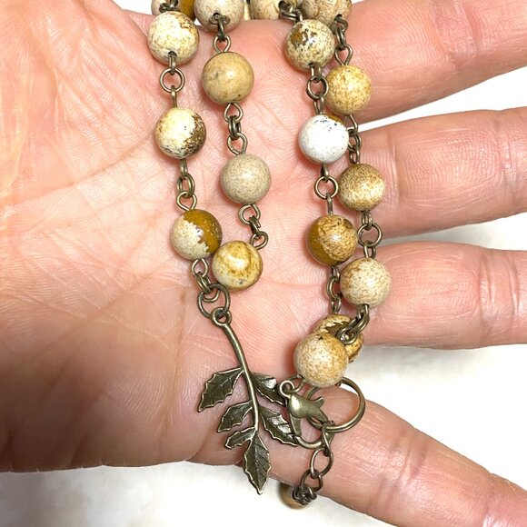 Genuine Yellow Picture Jasper Short Necklace, Bronze Leaf Branch Charm +Gemstone - Picture 15 of 15